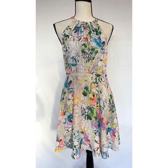 Express Floral Halter Dress | Watercolor Print, A Line Fit & Flare | Size 8 - Picture 1 of 12